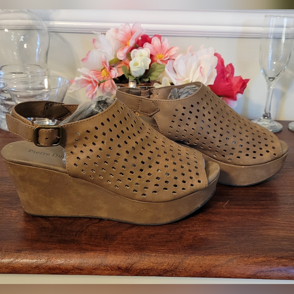Pierre Dumas Brown Peep-Toe Wedge Mules